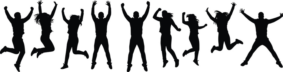 Silhouettes of people jumping with joy, happy men and women, energetic lifestyle, freedom celebration, active movement, success concept illustration