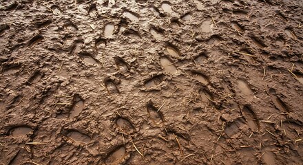 The journey's impression, a detailed texture of countless footprints crisscrossing a muddy, wet ground