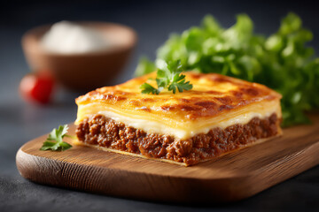 lasagna flavored with minced beef and tomato sauce, topped with cheese, golden-baked cross-section
