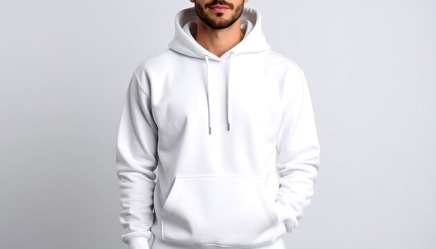 Modern man wearing a crisp white hoodie, hands in pockets, looking forward with confidence and style.