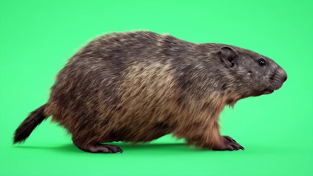 Groundhog Walking Across Green Screen Close Up Profile View Featuring Marmota Monax Perfect for Educational and Wildlife Content Isolated by Green Screen Ready for Chroma Key Compositing