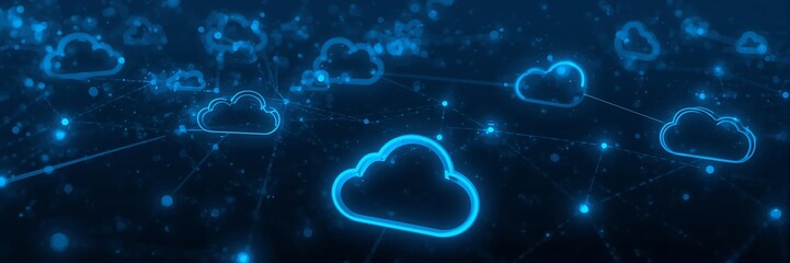 Abstract blue digital background with cloud icons and network connections, representing cloud computing and data storage