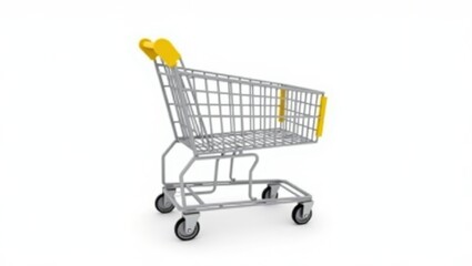 A metallic shopping cart with yellow handles is presented against a white background.