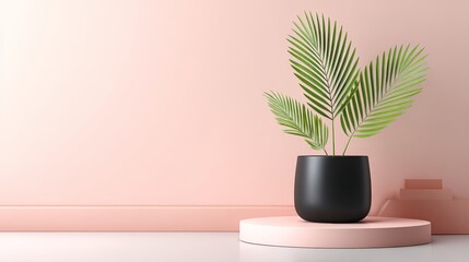 A modern indoor plant in a black pot placed on a pink stand, showcasing a minimalist and aesthetic interior design.