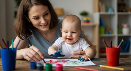 Fototapeta premium 幸せな親子と指絵の具遊び