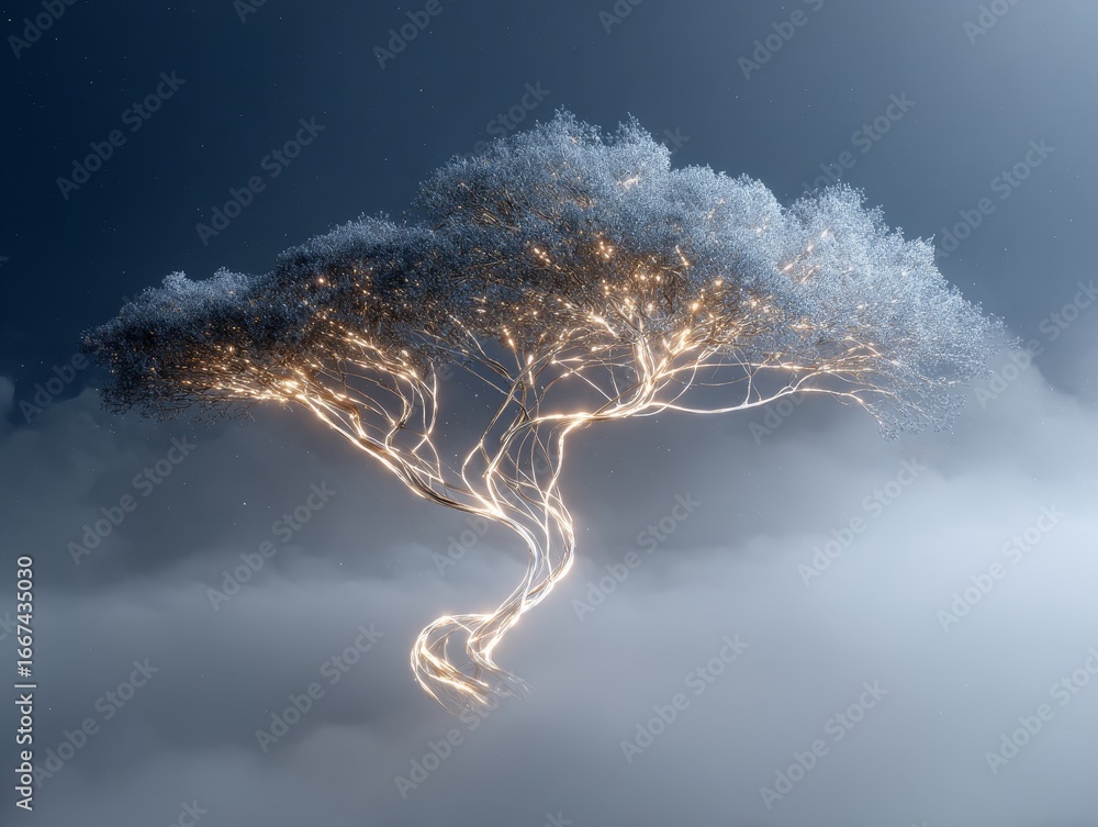 Poster a mystical tree with glowing branches and lights set against a cloudy sky, creating an ethereal and 