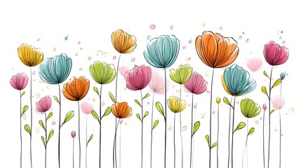 A vibrant collection of colorful flowers with an artistic touch, evoking a sense of joy and spring. They are standing with green stem and petal are bloom in multicolor.