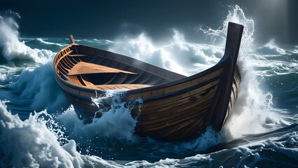 A wooden boat is tossed about in a stormy sea, waves crashing around it under a dark and ominous sky.