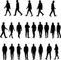 Silhouettes of business people walking, standing and talking, vector human outline collection, male and female figures, isolated black design illustration
