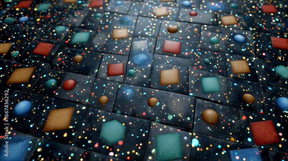 Poster a colorful abstract pattern featuring various shapes and small dots creating a vibrant and artistic 