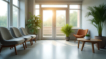 Blurred view of interior of modern medical clinic waiting room with white furniture, green plants in corner of room, healthcare or insurance concept.