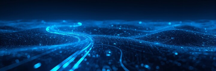 Futuristic abstract blue light wave background with digital data stream and network connection for modern technology and science concept