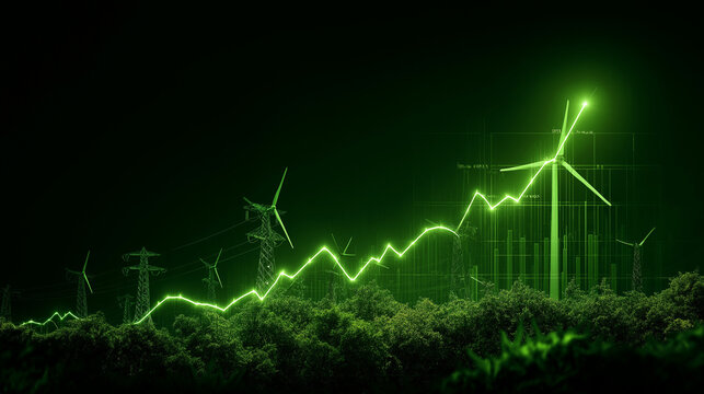 Dynamic green energy growth graph with wind turbines and power lines symbolizing sustainable progress and financial success