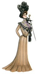 1899 Belle Époque fashion plate of a striped day dress with lace, embroidery, feathered hat, and parasol — fashion plate, Le Costume Royal (December 1899)