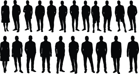 Silhouettes of diverse standing men and women, human figures, group of people, casual poses, vector illustration design, business concept