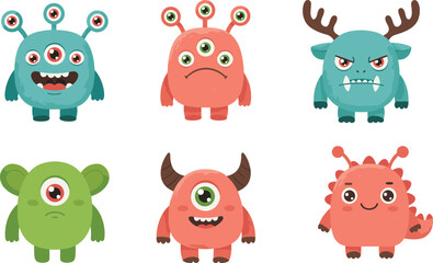 Cute colorful cartoon monsters collection, happy and sad alien characters with horns and eyes, isolated fantasy creatures for kids design