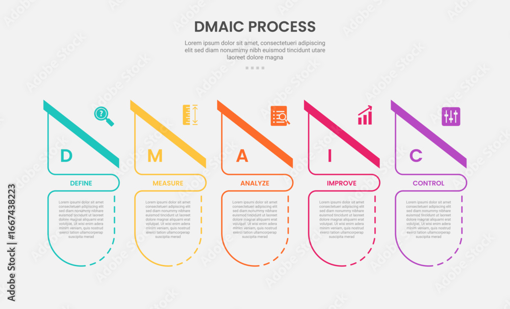 Aufkleber dmaic process infographic outline style with creative table with slice header table 5 point template