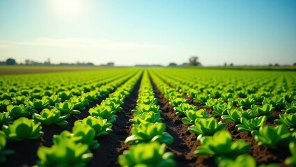 A vast expanse of vibrant green lettuce plants, meticulously arranged in rows across a field, bathed in bright sunlight.