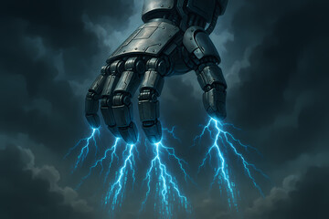 Fototapeta premium A colossal, metallic robotic hand descends from stormy skies, unleashing crackling blue lightning from its fingertips, creating a dramatic and powerful spectacle.