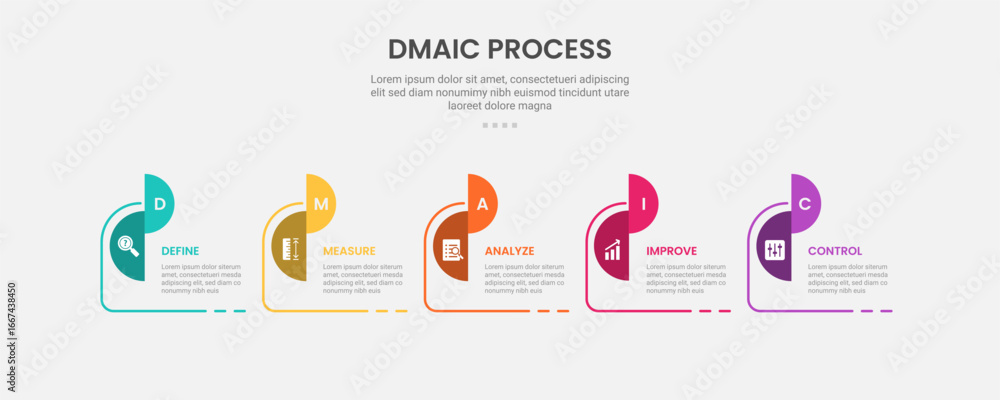 Aufkleber dmaic process infographic outline style with half circle slice opposite position with timeline style