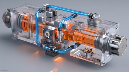 A transparent mechanical device featuring blue pipes and orange internal components, showcasing its engineering and technical details.