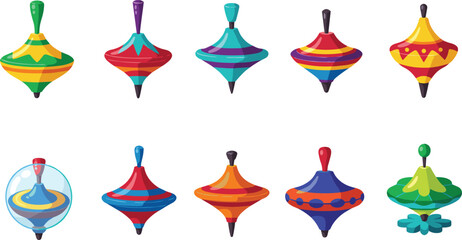 Colorful spinning top toys collection, traditional and modern styles, vibrant children's playthings, isolated on white background, perfect for design projects.