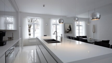 Bright, modern kitchen interior with white countertops, cabinets, and dining area.