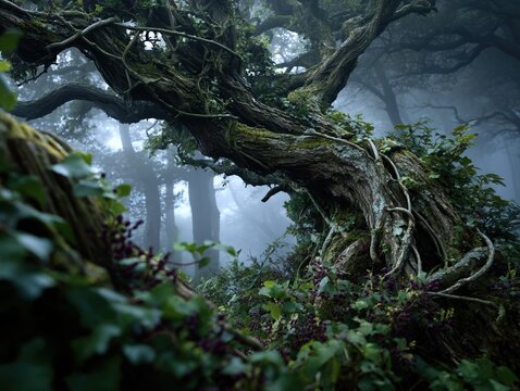 Ancient mossy tree in enchanted foggy forest, mystical atmosphere for fantasy games, movie promotion, nature decor, eco research background

 - Powered by Adobe