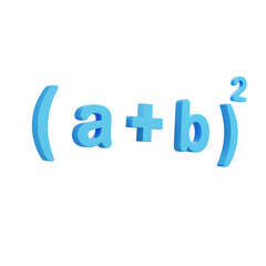 3D cartoon algebraic formula (a+b) squared in rounded blue text, isolated on white background, playful math icon for education, science, and algebra learning.