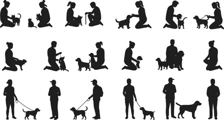Dog training silhouette vector, people walking dogs, puppy obedience illustration, pet care, owner bonding, leash walking, animal companionship graphic