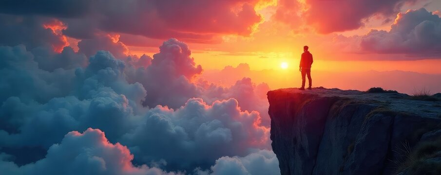 A lone figure stands at a precipice, a symbolic representation of conquering fear and facing the unknown, with a path forward leading to a hopeful sunrise , clouds, journey, exploration