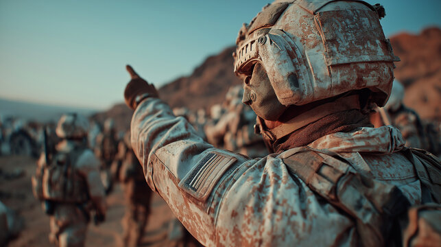 Soldier in combat pointing towards the horizon, leading troops in a desert battlefield during wartime