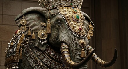 An ornate, bejeweled elephant statue adorned with a crown and intricate decorations, showcasing rich cultural artistry.