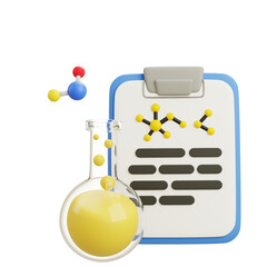 3D cartoon laboratory flask with clipboard and small molecules, isolated on white background, playful science research icon for chemistry, experiments, and learning.