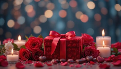 gift box for valentine's day, on the table with candles and red roses