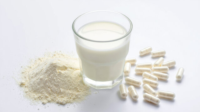 Colostrum powder, colostrum capsules, glass of milk, bovine supplement, immune support, gut health, dairy nutrition, natural product, wellness formula, clean label