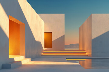 Modern architectural design with warm sunset light and pool reflection creating tranquil mood