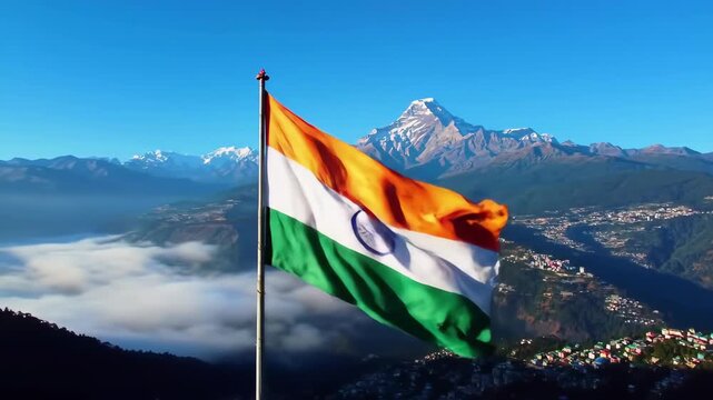 Indian flag fluttering on high mountains