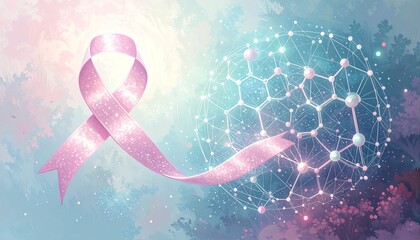 Pink ribbon symbol of breast cancer awareness with a molecular structure background.