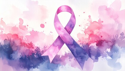 A purple and pink ribbon on a watercolor background representing awareness.