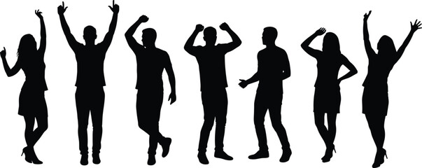 Group of people silhouette, men and women celebrating, standing poses, waving hands, party crowd, dancing, friendship, community, teamwork, social gathering illustration