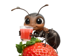 Tiny Bowl of Strawberry Juice with Many Cartoon Ants, PNG