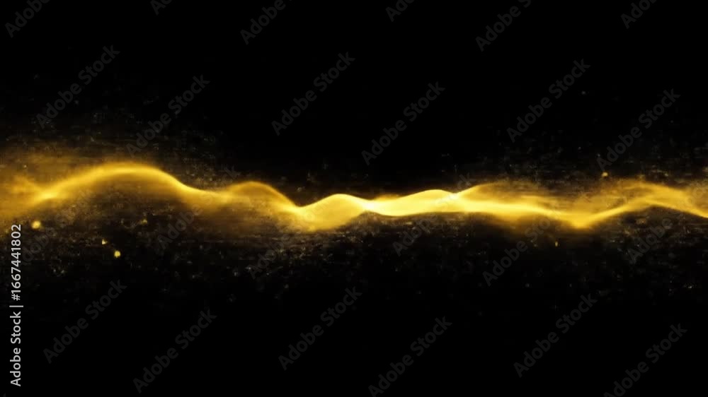 Poster dynamic golden energy wave flows with sparkling particles against black background