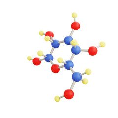3D cartoon molecular model with multiple colorful atoms connected, isolated on white background, playful icon for chemistry, biology, science research, and education.