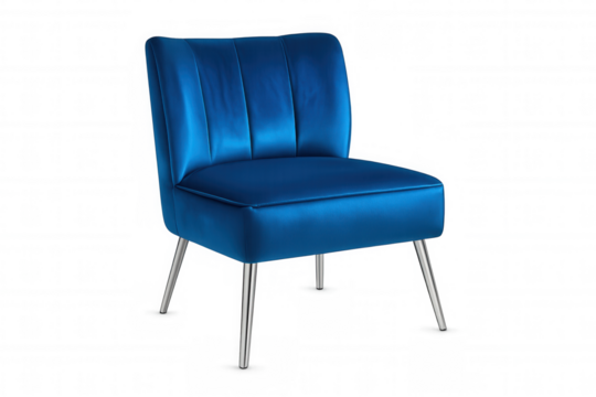 Stylish blue velvet chair with chrome legs, isolated on transparent background, perfect for interior design projects