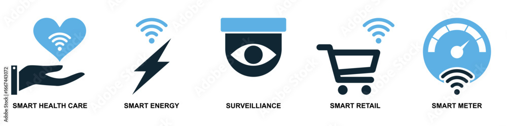 Poster set internet of things icon vector for smart devices, interconnected networks, and data exchange. us