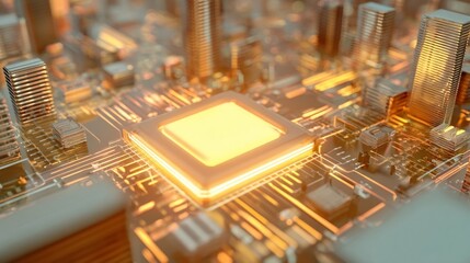 Microchip illuminated on circuit board, futuristic cityscape, golden glow