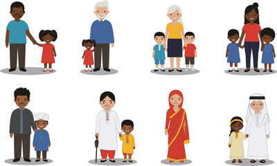 Diverse multicultural families together, different ethnicities, parents with children, cultural clothing, happiness, unity, love, community, global diversity, inclusive family portrait