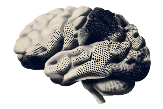 Trendy abstract cutout brain with a halftone dot patern