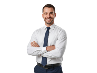 Confident young professional with arms crossed smiling on transparent presentation image